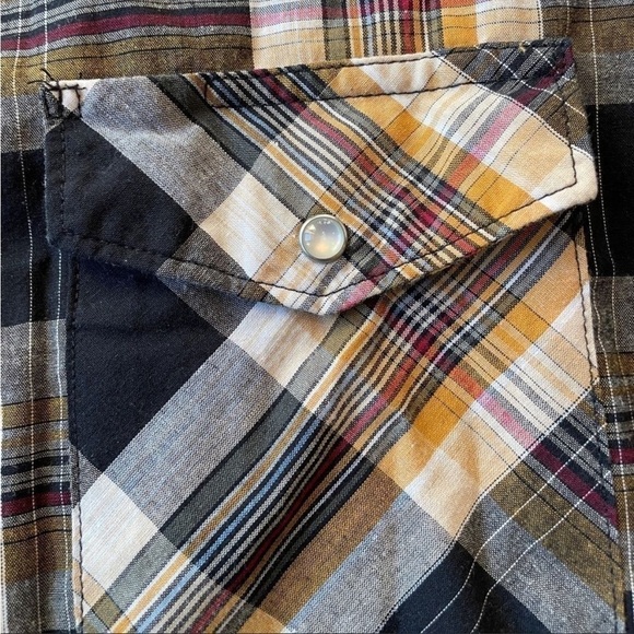 Wrangler Mens 2XLT Western Style Black and Yellow Plaid Short Sleeve Shirt - Picture 5 of 5